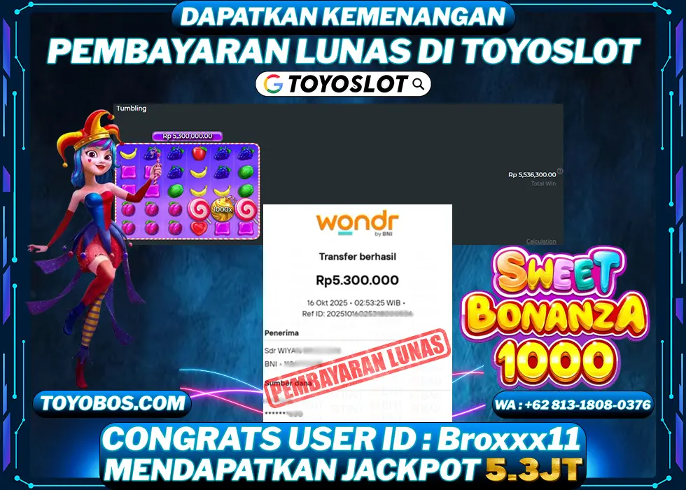 TOYOSLOT - BUKTI KEMENANGAN Sweet Bonanza 1000x Rp5,300,000,- LUNAS